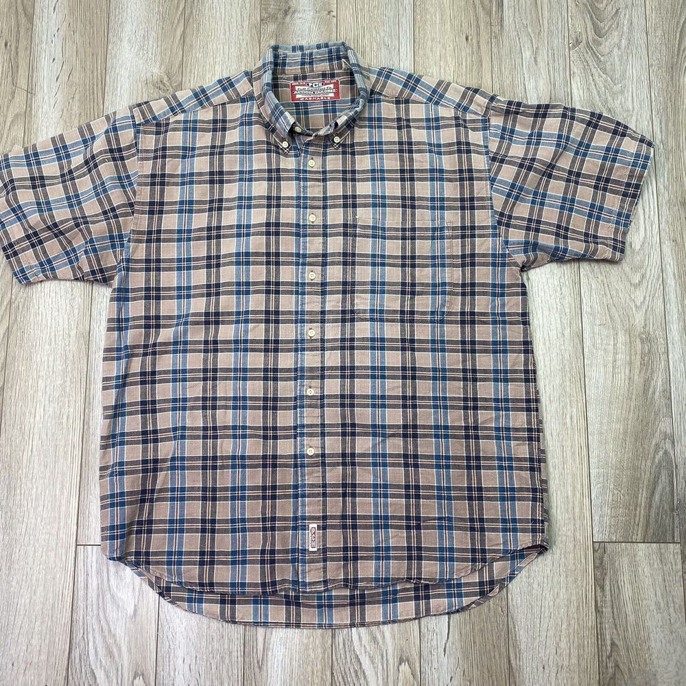 PCH‎ Button Up Shirt Large Brown Plaid Full Comfort Fit Mens Short Sleeve